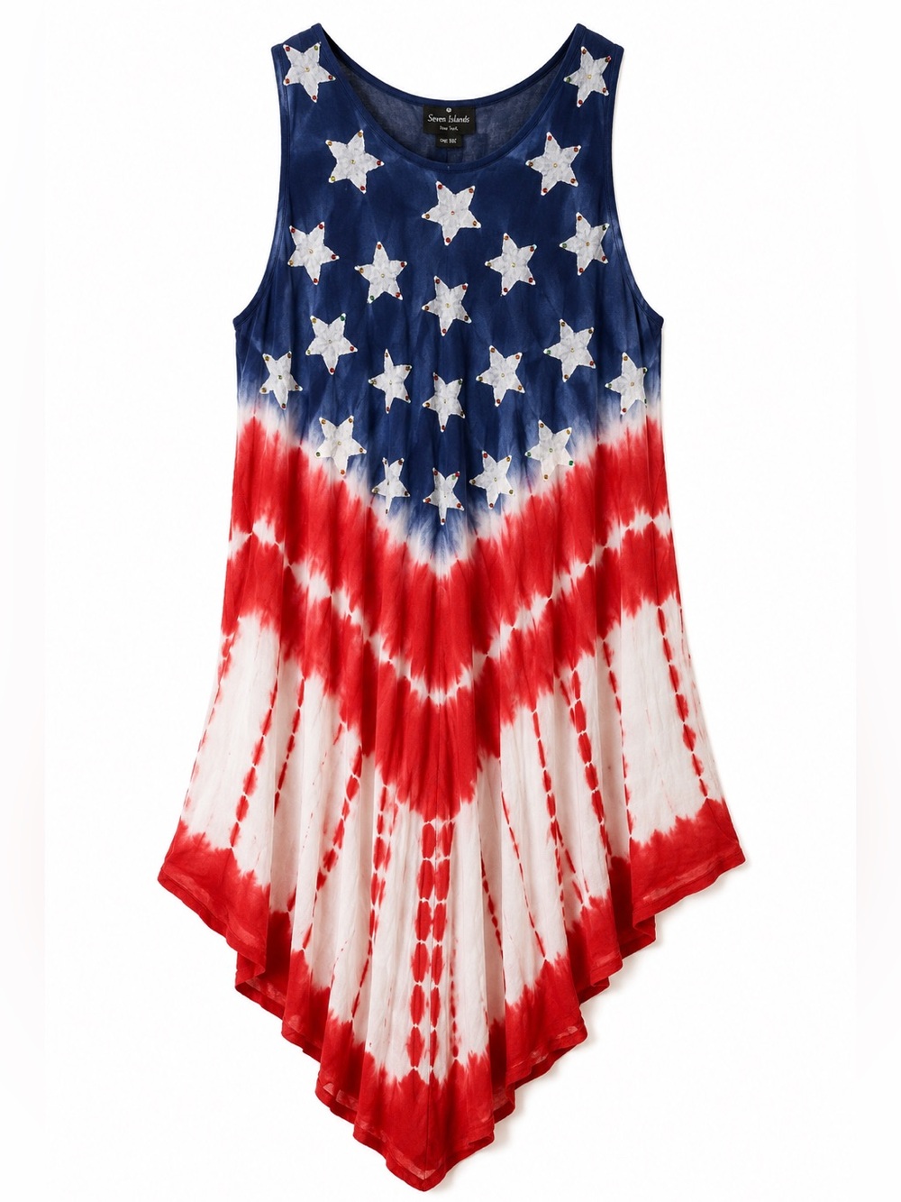 🇺🇸 Patriotic Tie Dye Dress Stars Rhinestone OS Seven Islands NY
